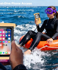 Person on inflatable ring holding Gen 5 Diving Phone Case For 6.9 Inch Phones With Full Touchscreen Underwater Housing IPX8 Waterproof