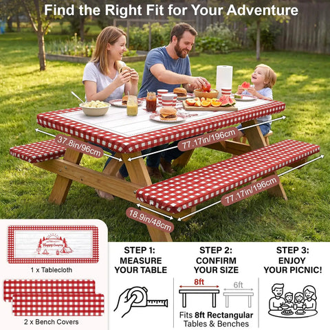 Family enjoying picnic with Waterproof Fitted Table Cover With Bench Covers For 72 Inch Picnic Tables, Windproof Elastic Edges.