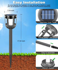 Diagram showing Solar Tiki Torches With Flickering Flame Outdoor Solar Lights with installation steps and dimensions.