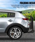 SUV with attached Heavy Duty Hitch Mount Cargo Carrier 60x24x14 Inch Folding Rear Luggage Basket folded up for storage
