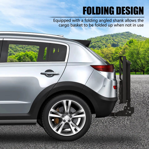 SUV with attached Heavy Duty Hitch Mount Cargo Carrier 60x24x14 Inch Folding Rear Luggage Basket folded up for storage
