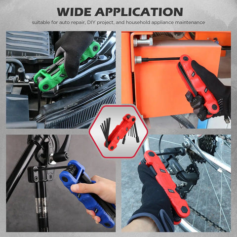 Your Go To 11 Piece Folding Hex Key Set SAE Three Thirty Seconds To One Half Inch Heavy Duty Allen Wrench Set Portable Red Perfect For Archery Bike Repair Furniture Assembly And Everyday Home Maintenance in use on various equipment.
