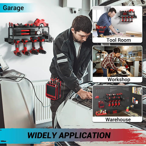 Power Tool Organizer Wall Mount Kit For Garage And Workshop No Clutter Keeps Tools In Reach in use in multiple settings