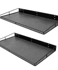 Two black perforated steel wall shelves, part of the Beefy Heavy Duty Wall Shelves 2 Pack, 23.5 By 12 inches.