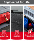 ActionPacker 35 Gallon Lockable Storage Bin With Wheels Built For Rugged Outdoor Adventures features water-resistant lockable lid.