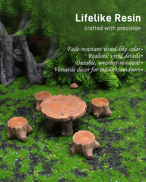 Totally Adorable Miniature Fairy Garden Furniture Set With Resin Table And Four Stump Seats Whimsical Outdoor Indoor Landscape Decor Kit For Micro Gardens on grass