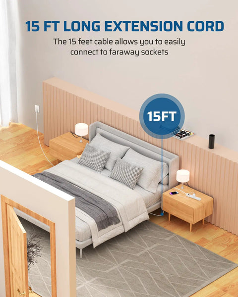 Beefy Six Outlet Power Strip Surge Protector With 15 Ft Extension Cord And Flat Plug in bedroom setup