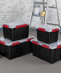 Rugged 5 Gallon Waterproof Storage Bin With Tight Gasket Seal And Heavy Duty Latches stacked in black with red latches and clear lids.