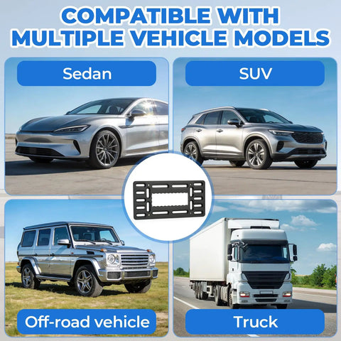 Heavy Duty Universal Front License Plate Bracket Mount No Sweat Setup For Standard Twelve By Six Inch Us Plates shown with various vehicle types.