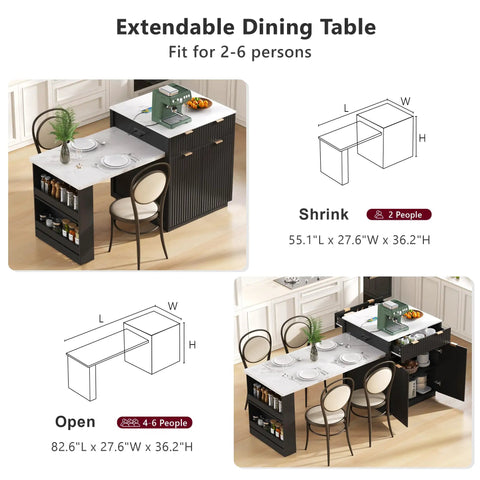 Badass Eighty Three Inch Waterproof Faux Marble Kitchen Cart With Integrated Power Hub Dual Side Rolling Drawers Ultimate Weekend Coffee Corner And Modern Dining Island Ready To Rock In Sharp Black, extendable dining table fit for 2-6 persons.