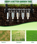 Image showing the effect of Manual Lawn Aerator Tool With Dual Spring Spikes Stainless Steel Lawn Aerator For Soil Loosening Adjustable T Handle No Fuss Dirt And Leaf Cleanup Ideal For Yard And Garden Aeration Black Finish on soil before and after aeration under grass lawn.