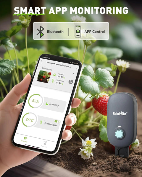 Bluetooth 2-In-1 Soil Moisture And Air Temperature Meter With App Remote Monitoring in garden, smartphone showing app controls.