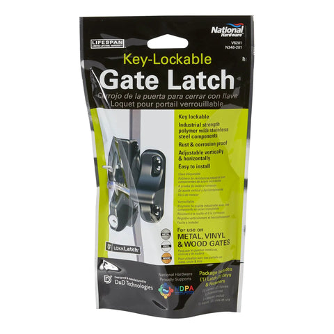 Packaging of LokkLatch Keyed Gate Latch With Adjustable Fit For Wood Metal And Vinyl Gates, featuring product details.