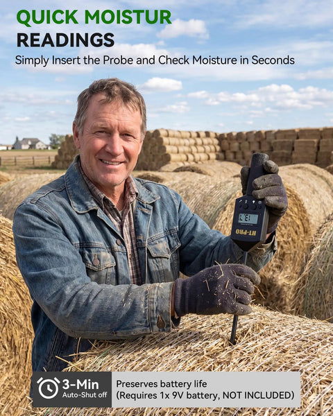 Hardcore Hay Moisture Meter With 20 Inch Reinforced Probe, Digital Temperature Readout For Alfalfa And Bales, Pro Grade Carry Bag Included, Works On Square And Round Hay Bales, Keeps Your Harvest Fresh And Storage Safe. Farmer checks hay moisture in bale with digital meter and 20-inch probe.