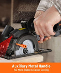 Side view of DOVAMAN 4-1/2-inch circular saw with laser and metal auxiliary handle