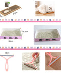 Dimensions and images of kitten essentials: scratching pad, pink litter box, and grooming tool from All In One 47 Piece Kitten Essentials Starter Kit For Kittens Under Six Months With Toys Bed Carrier Litter Box Bowls Grooming Tools And More For New Cat Parents In Pink.