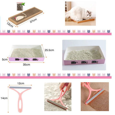 Dimensions and images of kitten essentials: scratching pad, pink litter box, and grooming tool from All In One 47 Piece Kitten Essentials Starter Kit For Kittens Under Six Months With Toys Bed Carrier Litter Box Bowls Grooming Tools And More For New Cat Parents In Pink.