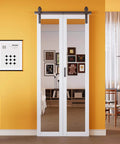 36 By 84 Inch Solid Core Bifold Barn Door Set With Full Length Mirror, Paintable Bi Fold Closet Doors installed in a yellow room