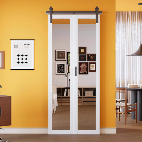 36 By 84 Inch Solid Core Bifold Barn Door Set With Full Length Mirror, Paintable Bi Fold Closet Doors installed in a yellow room