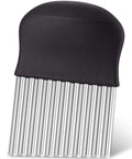 Rainspire vegetable crinkle cutter with black handle and stainless steel blades, close-up view