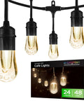 48 Ft Soft Warm White Outdoor String Lights With Shatterproof Acrylic Bulbs, close-up of hanging bulbs and packaging