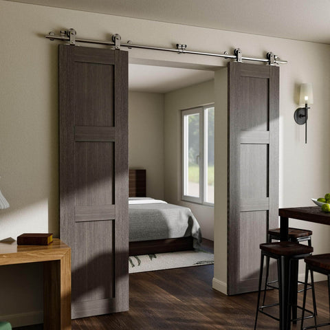 8 Foot Stainless Steel Sliding Barn Door Hardware Kit For Double Doors Built To Last Heavy Duty Smooth Quiet Track System With Anti Rust Gcr15 Rollers Supports Up To 220 Lbs Fits Door Panels Up To 24 Inches installed view in modern room.