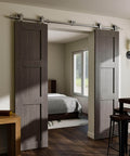 Heavy Duty Stainless Steel Double Sliding Track Barn Door Hardware Kit, 6.6 Foot Rail System with quiet smooth rollers shown installed