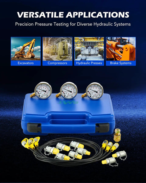 Hydraulic Pressure Test Kit With Three Gauges 3500 5500 9000 Psi, Eight Test Couplings, Quick Connector, Three Hoses, And Durable Case For Excavators And Construction Machinery