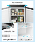 Compact 3.0 Cubic Foot Upright Mini Freezer In Black with reversible door, adjustable feet, ice tray, and removable shelves.