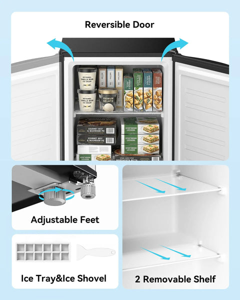Compact 3.0 Cubic Foot Upright Mini Freezer In Black with reversible door, adjustable feet, ice tray, and removable shelves.