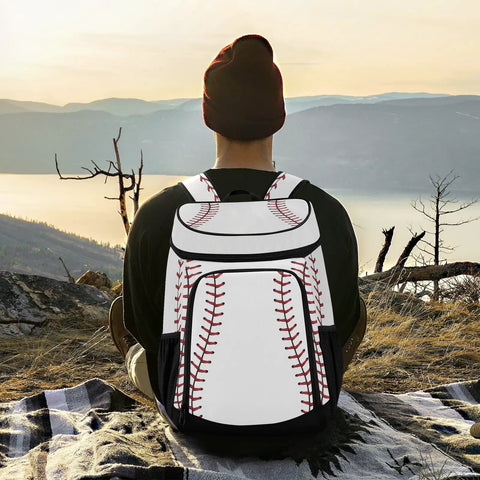 Sport Stripe Baseball Cooler Backpack with Insulated Leakproof Liner used by man on mountain picnic