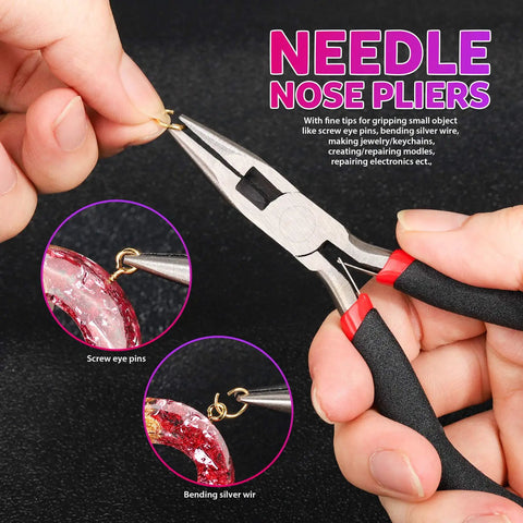 Must Have All In One Hand Drill Kit For Jewelry And Keychain Making With Pin Vise 222 Piece Set Includes Drill Bits 0.8 To 3 Millimeter Pliers Jump Rings Chains Screw Eye Pins And Key Rings LEOBRO needle nose pliers in use bending wire.