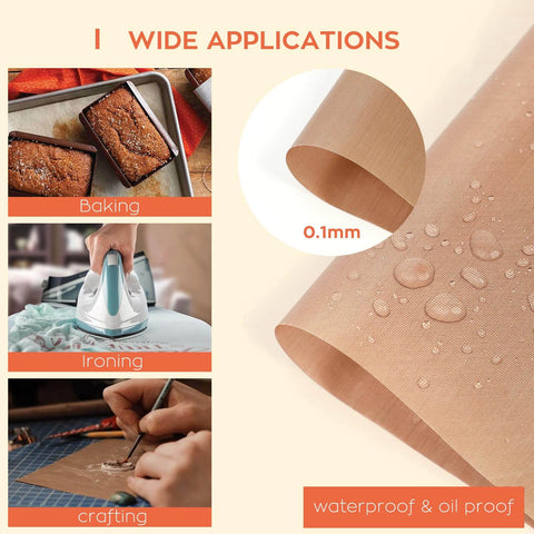 Nonstick PTFE Sheets For Heat Press 3 Pack 12 By 16 Inches Reusable Heat Resistant Mat shown in baking, ironing, crafting applications
