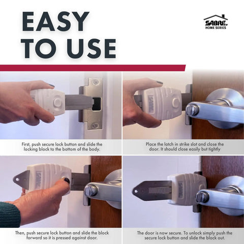 Image of a Portable Door Lock for Inward Swinging Doors, Durable Metal Construction, Lightweight, and Compact, showing installation steps.