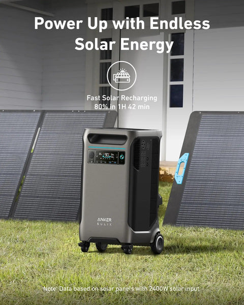SOLIX F3800 Portable Power Station with solar panels in a backyard setting for home backup and outdoor use