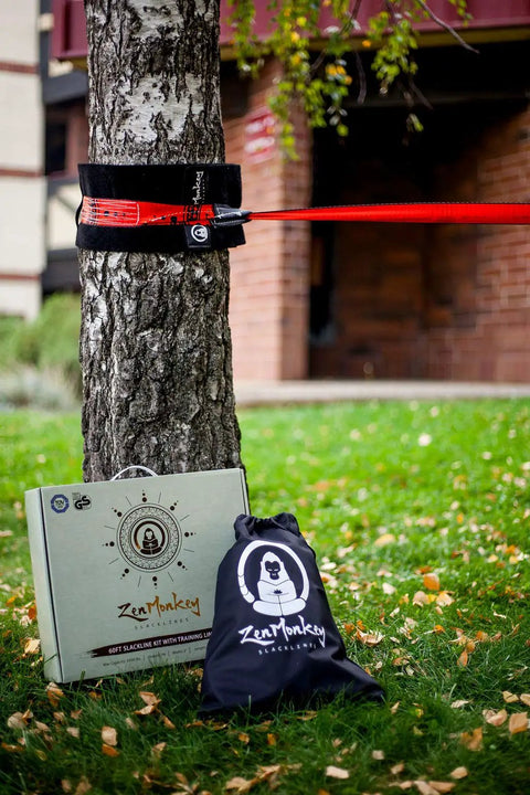 Slackline Kit With Overhead Training Line, Arm Trainer, Tree Protectors, and Carry Bag on grass by tree