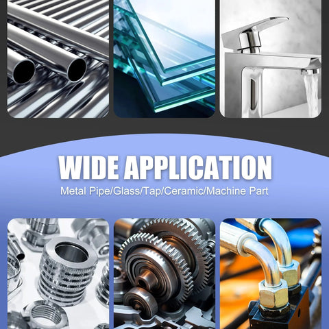 Metal epoxy adhesive collage showing metal pipes, glass panes, faucet, gears and fittings