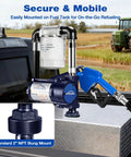 Heavy Duty 12V DC Fuel Transfer Pump 15 GPM With Auto Shutoff Nozzle Industrial Grade Hose And Inline Filter in use on fuel tank.
