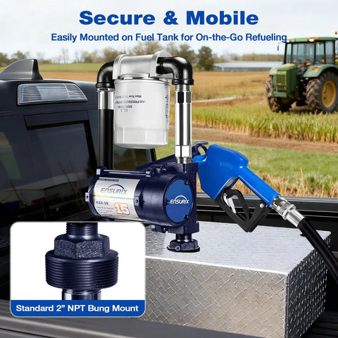 Heavy Duty 12V DC Fuel Transfer Pump 15 GPM With Auto Shutoff Nozzle Industrial Grade Hose And Inline Filter in use on fuel tank.
