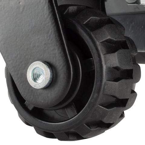 Close-up of 4-inch wheel of 2.5-Ton Off-Road Trolley Jack With Oversized 4-Inch Wheels Saddle Extension Integrated Handle Storage Portable Design