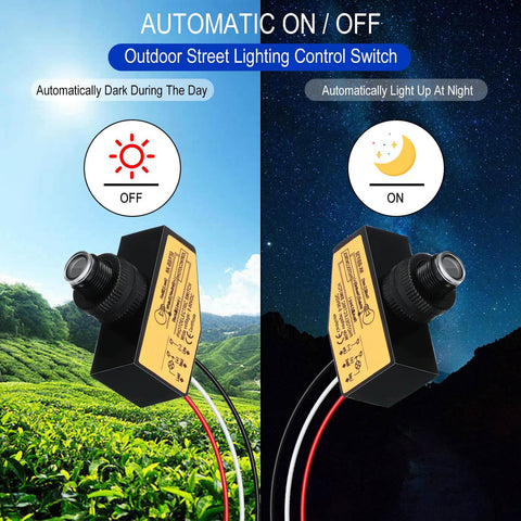 DC Photoelectric Switch Dusk To Dawn Sensor For Outdoor Lighting 8V To 50V Wide Voltage Range 5A Load, day and night mode illustration