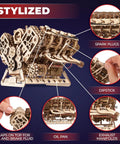 Detailed components of V8 Engine 3D Wooden Puzzle Kit for Adults Hands On 1 6 Scale with 8 Cylinders and 16 Valves