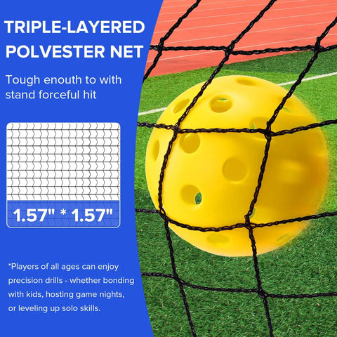 Close-up of yellow pickleball against triple-layered polyester net from Six Foot Mini Pickleball Net Set With Quick Setup For Indoor And Outdoor Play Portable Practice Net For Backyard And Driveway Lightweight Dink Training Aid To Sharpen Serves And Precision Shots.