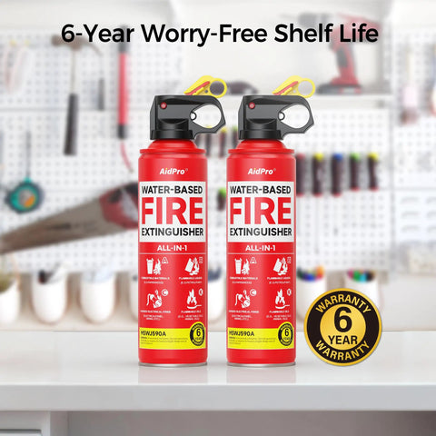 Straight Up Quick Draw Water Based Fire Extinguisher Two Pack For Home Car Or Kitchen Certified Multi Class Safety on countertop.