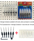 Six Piece Countersink Drill Bit Set For Wood With Depth Stop Collar And Hex Wrench Tapered Four Flute Countersink Bits, carbon steel tools displayed on pegboard and table with storage containers.