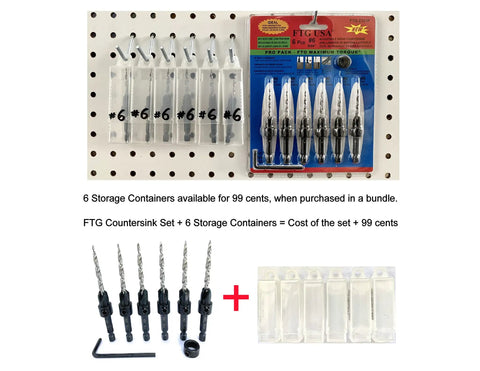 Six Piece Countersink Drill Bit Set For Wood With Depth Stop Collar And Hex Wrench Tapered Four Flute Countersink Bits, carbon steel tools displayed on pegboard and table with storage containers.