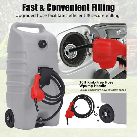 14 Gallon Portable Diesel Fuel Tank On Wheels With Siphon Pump And 10 Ft Hose, Rugged UV Resistant Plastic Caddy For Cars