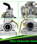 Close-up of 125cc carburetor from PZ20 Carburetor Kit With Ignition Coil Starter Relay Voltage Regulator And CDI Box For 50cc To 125cc Chinese ATVs Quads Go Karts Dirt Bikes Fits Tao Tao Coolster Kazuma Baja And More.
