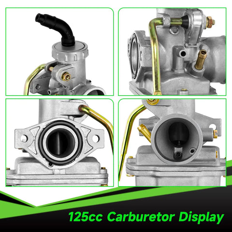 Close-up of 125cc carburetor from PZ20 Carburetor Kit With Ignition Coil Starter Relay Voltage Regulator And CDI Box For 50cc To 125cc Chinese ATVs Quads Go Karts Dirt Bikes Fits Tao Tao Coolster Kazuma Baja And More.