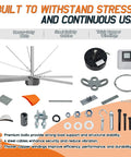 Industrial 144 Inch Aluminum Ceiling Fan Equipped With An Ultra Quiet Dc Motor And Five Heavy Duty Blades Delivering Kickin Airflow For Warehouses And Spacious Rooms In Sleek Silver Gray Finish components showing heavy-duty bolts, steel cables, and thick copper windings.